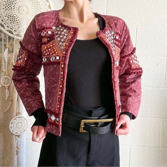 NWOT Boho Mirror Work & Bead Details Wine Blazer - Picture 5 of 16